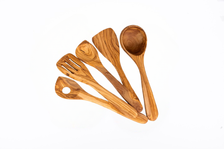 Set of 5 Cooking Utensils with a Stylish Olive Wood Utensil Holder