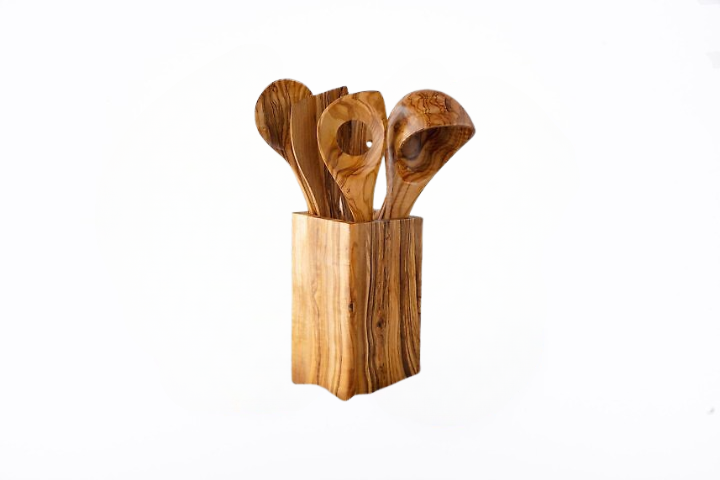 Set of 5 Cooking Utensils with a Stylish Olive Wood Utensil Holder